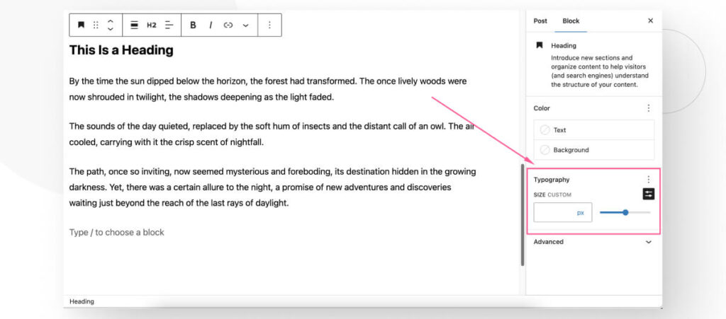 The Gutenberg interface, highlighting the Typography options of the Heading block