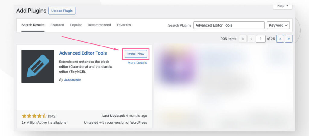 The WordPress plugin directory. The user is search for "Advanced Editor Tools" on the search bar