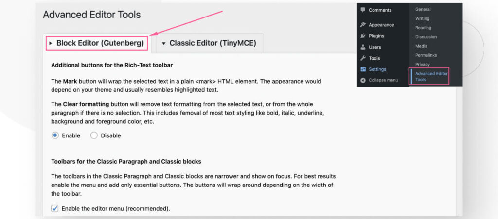 The settings for the Advanced Editor Tools plugin for WordPress. An arrow highlights the "Block Editor" tab