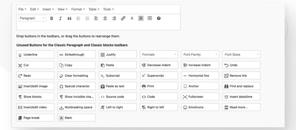 The settings for the Advanced Editor Tools plugin for WordPress. The "Unused Buttons" section contains multiple buttons for content editing