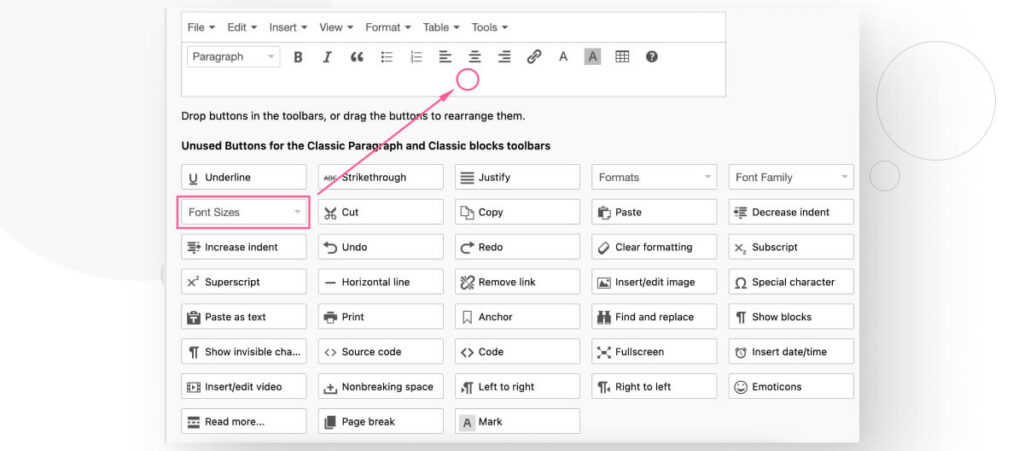 The settings for the Advanced Editor Tools plugin for WordPress. An arrow instructs the user to drag the Font Sizes button into the toolbar