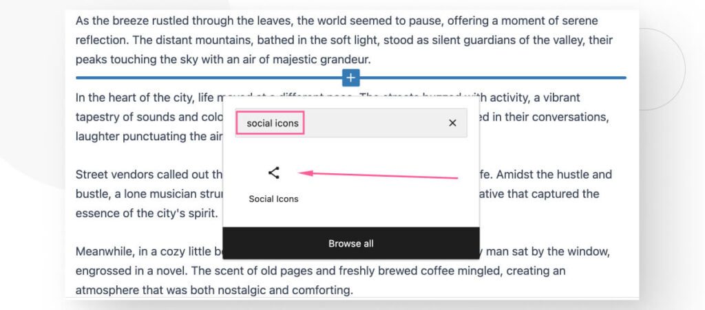 The Gutenberg editor interface in WordPress. An arrow highlights the "Social Icons" button in the block searcher feature.