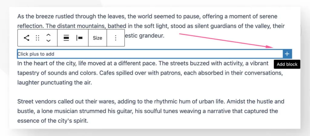 The Gutenberg editor interface in WordPress. An arrow highlights the "Add Block" button.