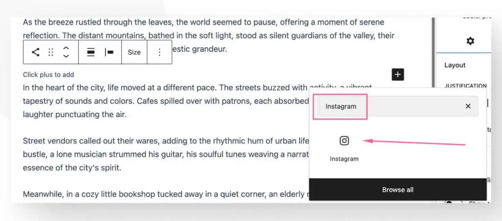 The Gutenberg editor interface in WordPress. An arrow highlights the button to add an Instagram social media icon to a post.