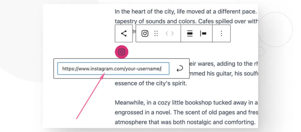 The Gutenberg editor interface in WordPress. An arrow highlights the text box to add a URL to a social media button.