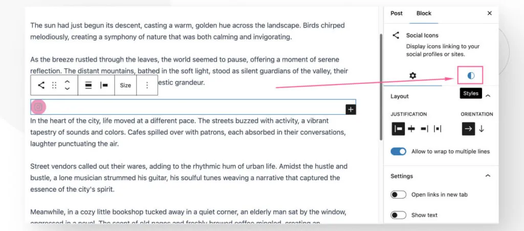 The Gutenberg editor interface in WordPress. An arrow highlights the "Styles" button for the Social Icons block.