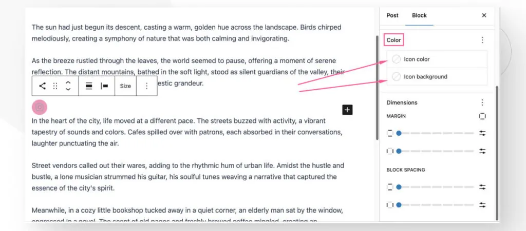 The Gutenberg editor interface in WordPress. Two arrows highlight settings to change the color of Social Icons and their backgrounds.