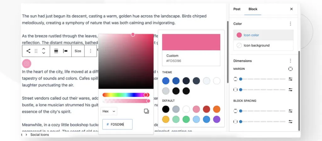 The Gutenberg editor interface in WordPress. A color swatch interface allows you to modify the color of the Social Icons block.