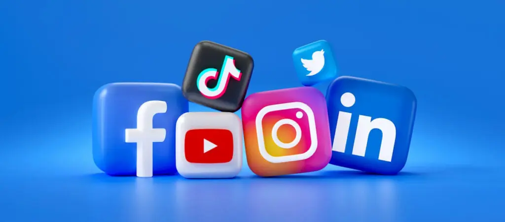 Various 3D renders of social media logos over a blue background