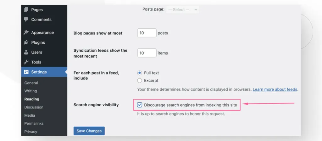 The Settings > Reading interface in WordPress. The arrow points to a setting for preventing your site from appearing on search engine results