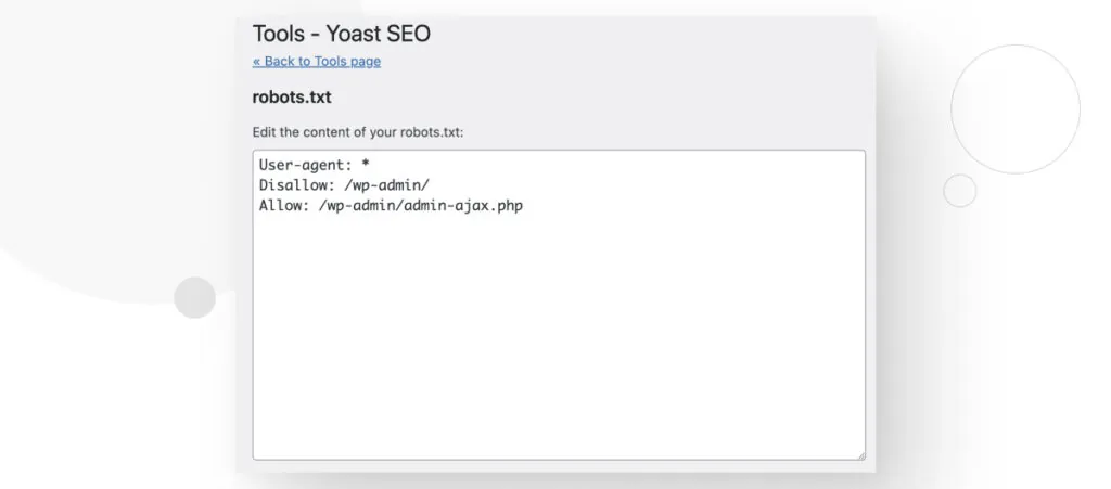 The File Editor feature in Yoast SEO, showing the contents of the robots.txt file