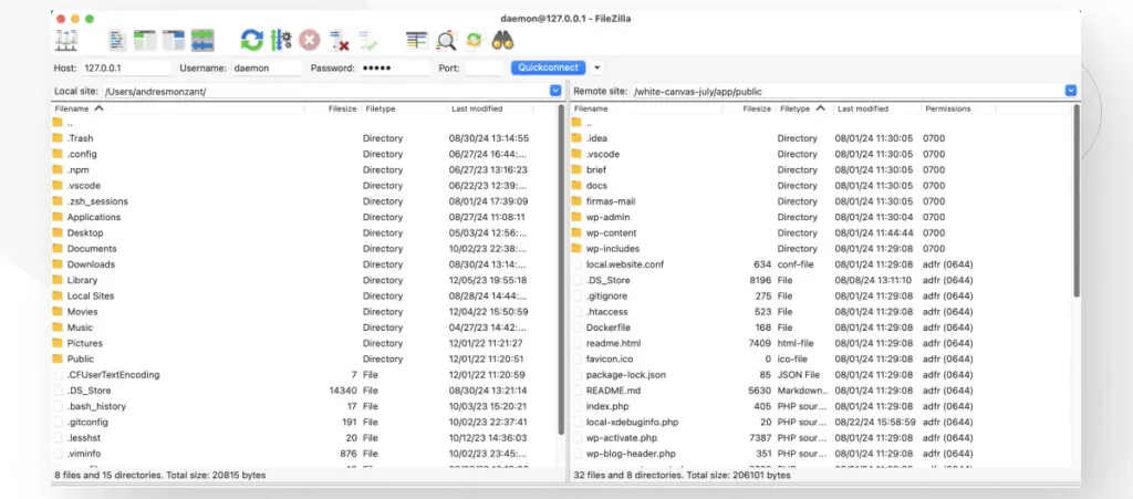 The FileZilla interface. The are folders and individual files on both the local machine (left) and the remote server (right)