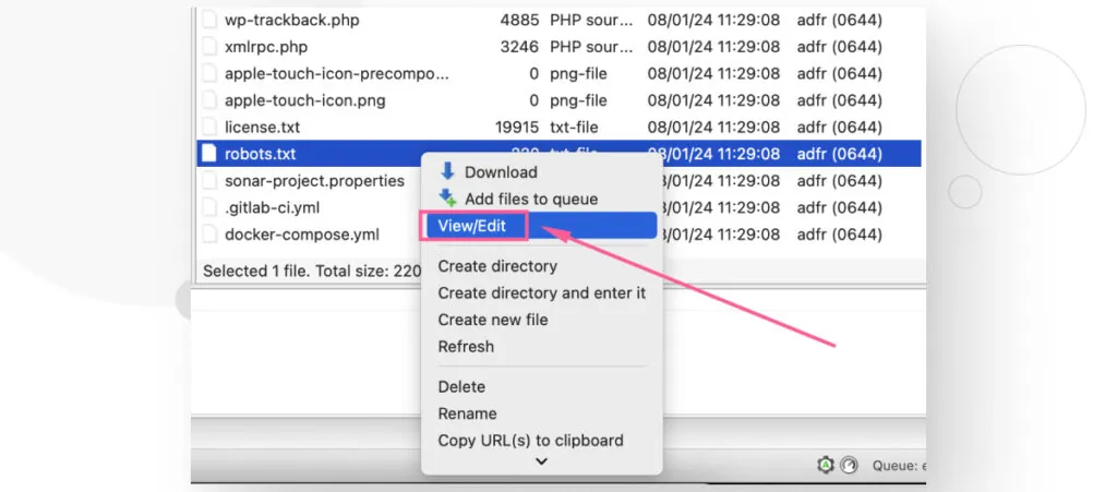 The FileZilla interface. The user right-clicked the robots.txt file and is selecting the View/Edit option from the resulting dropdown menu