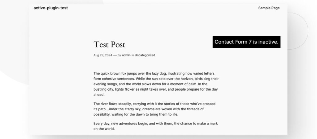 A WordPress blog post. A black textbox reads, "Contact Form 7 is inactive"