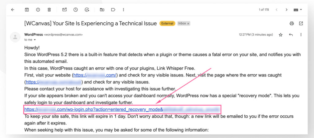 An email sent from WordPress to inform you that one of your plugins or themes is causing a fatal error