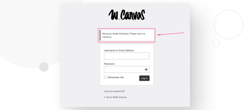 The login screen for a WordPress site. A text box informs you that you're in Recovery Mode