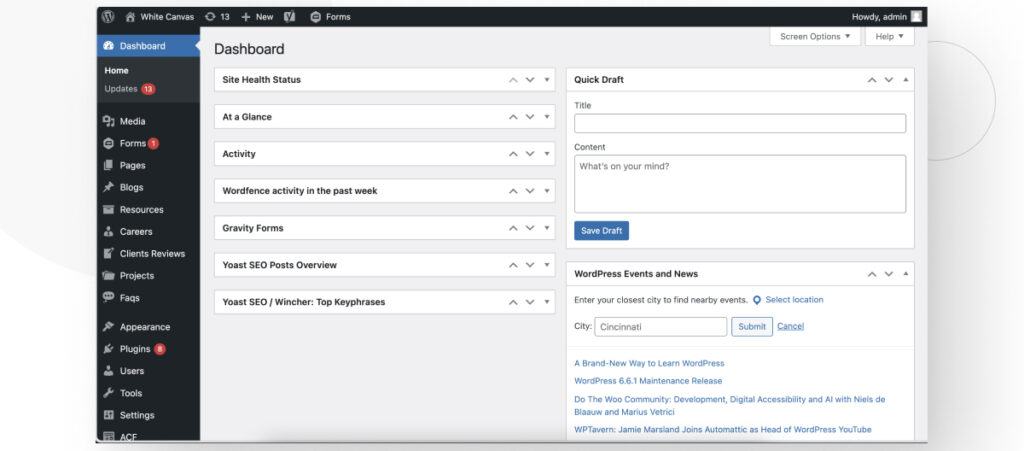 The WordPress admin dashboard