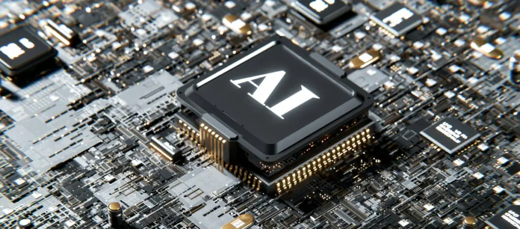 close up of an electronic motherboard with "AI" stamped on a microprocessor