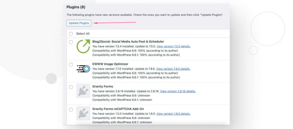 The WordPress admin interface. An arrow points to the button to update all plugins.