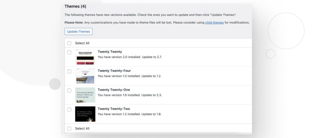 The WordPress admin interface. An arrow points to the button to update all themes.