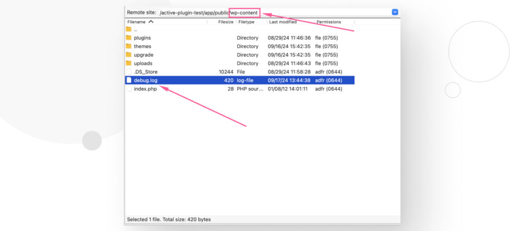 The FileZilla interface. An arrow points to a file that logs debug information for a WordPress site