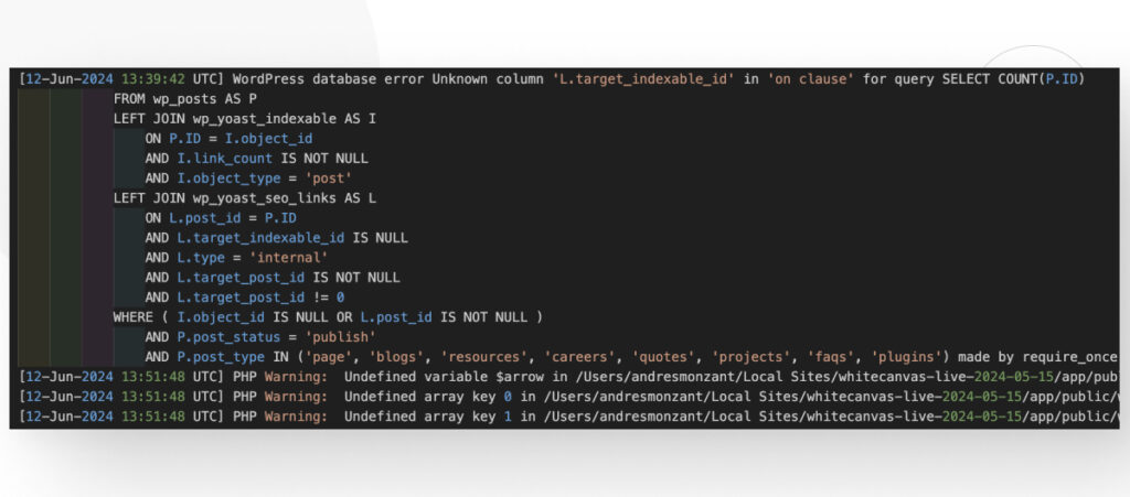 The contents of the WordPress debug.log file