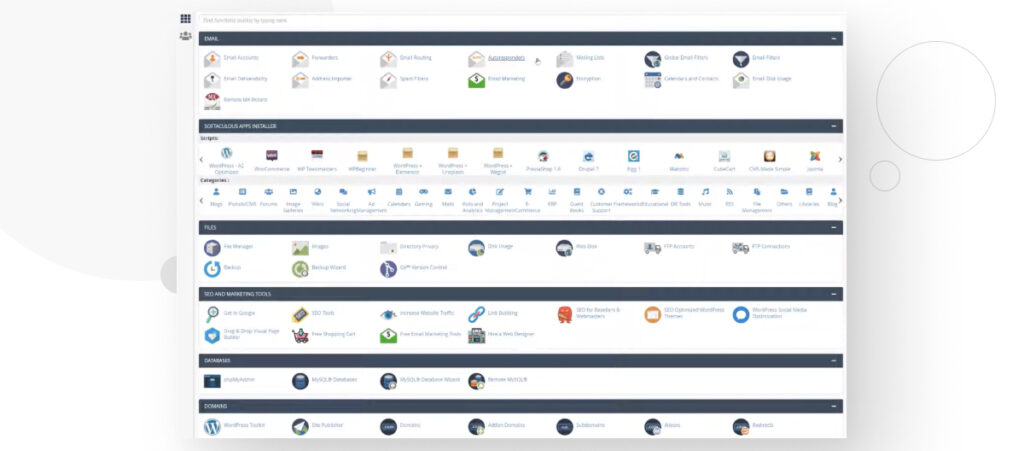 Interfaz principal de cPanel, mostrando múltiples configuraciones y opciones para manejar la configuración de hosting de un sitio