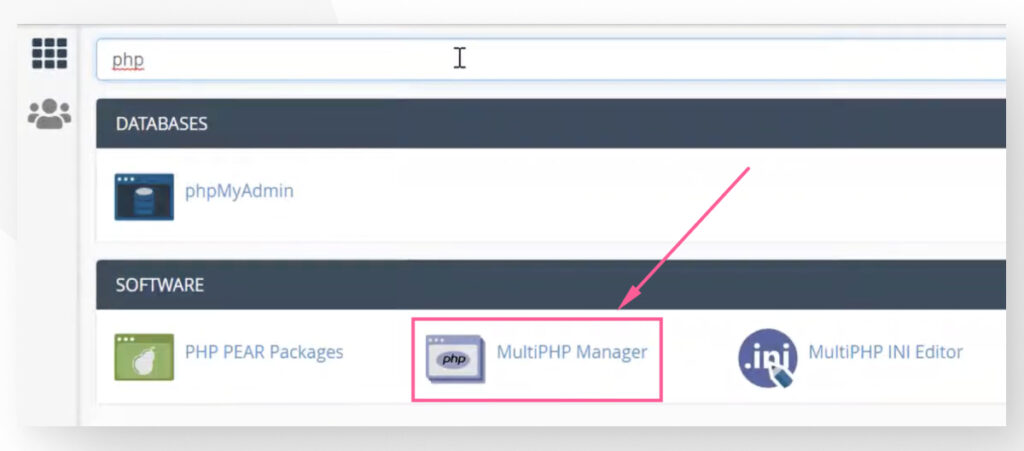 cPanel's main interface, displaying multiple settings and options for managing a site's hosting configurations