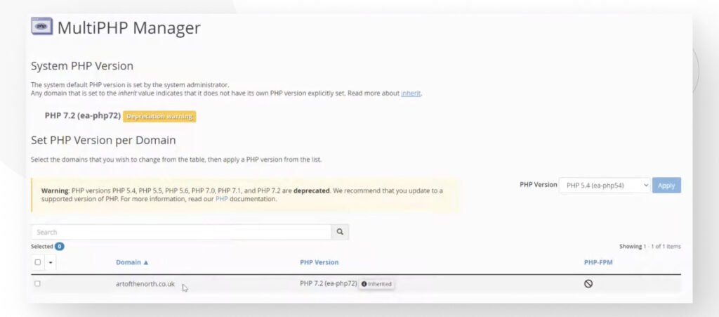 cPanel's main interface, displaying multiple settings and options for managing a site's hosting configurations