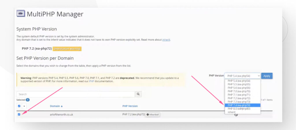 cPanel's main interface, displaying multiple settings and options for managing a site's hosting configurations