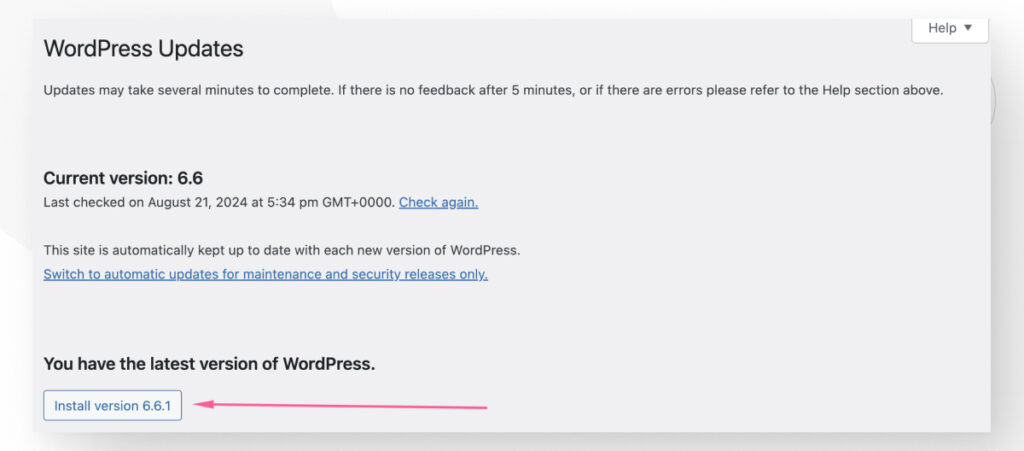 The WordPress admin interface. An arrow points to the button to update your WordPress version.