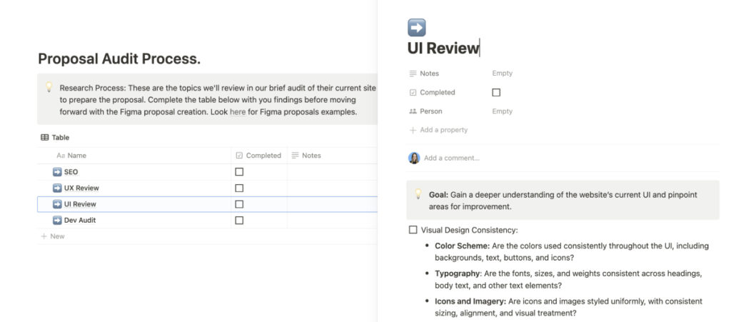 Notion interface. There are two panels. The left panel is titled "Proposal Audit Process" and contains a checklist with various tasks related to web development. The right panel is titled "UI Review" and expands on one of the checklist elements.