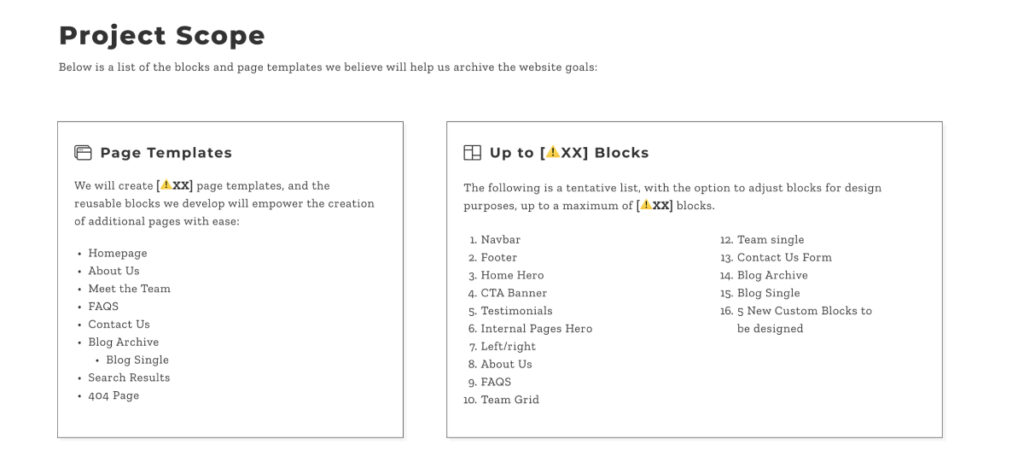 A report for a web development project. The title reads "Project Scope" and the content explains the elements of the project, including page templates and custom WordPress blocks