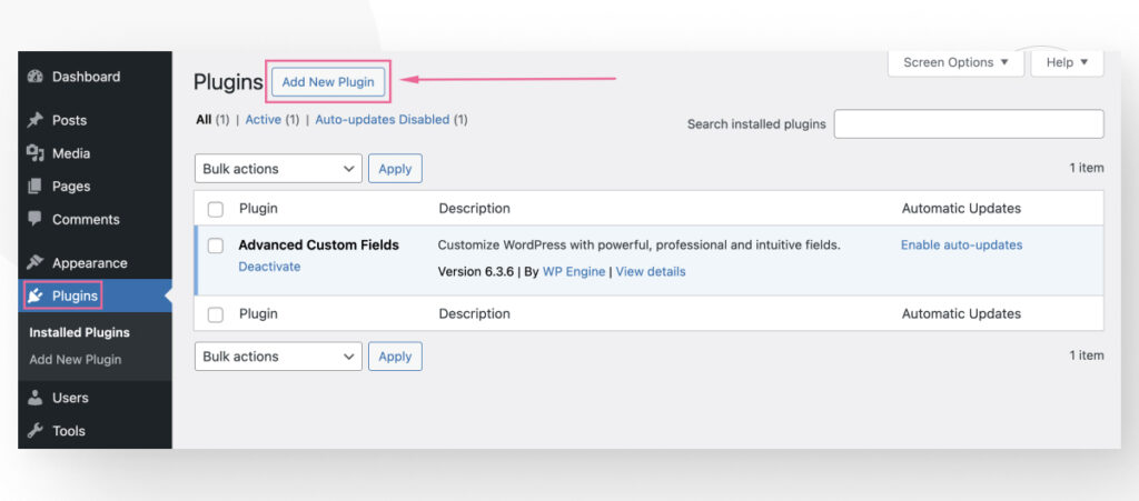 The WordPress admin interface. The user is in the Plugins section. An arrow points to the "Add new plugin" button