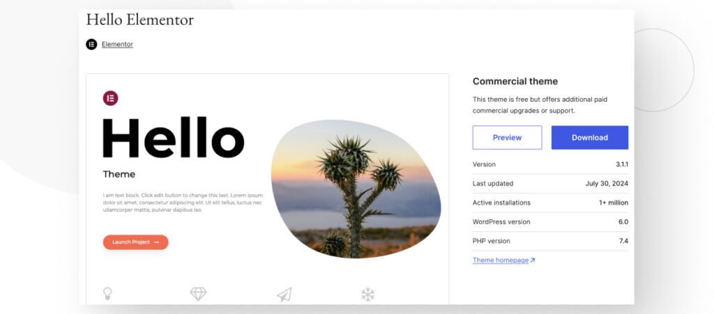 The Theme plugin repository, displaying the theme Hello Elementor