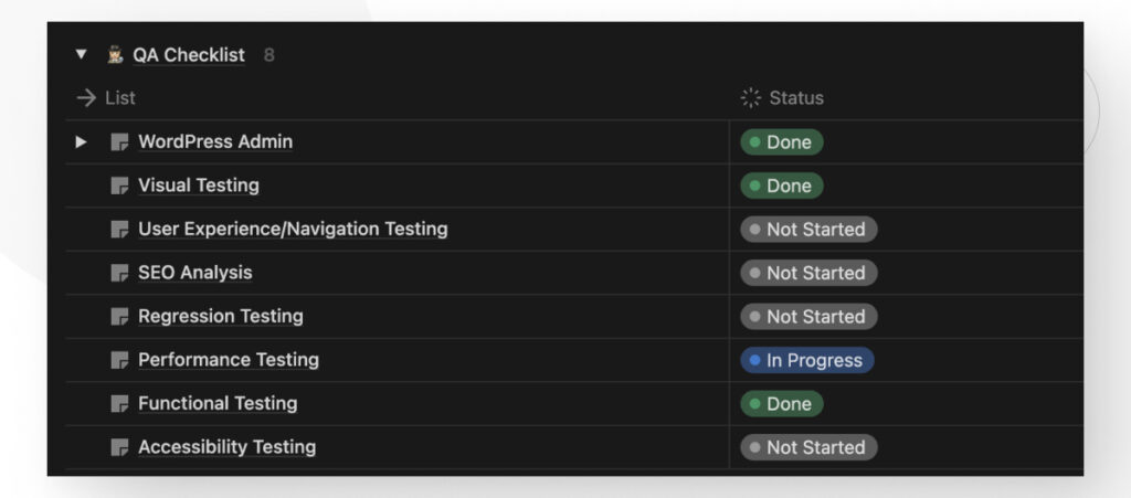 The Notion interface, displaying a table containing a QA Checklist with various tasks