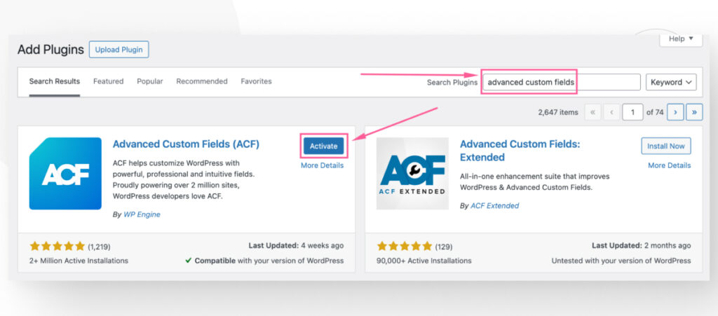 The WordPress plugin repository as seen from the admin dashboard. The user is searching for the plugin "advanced custom fields"