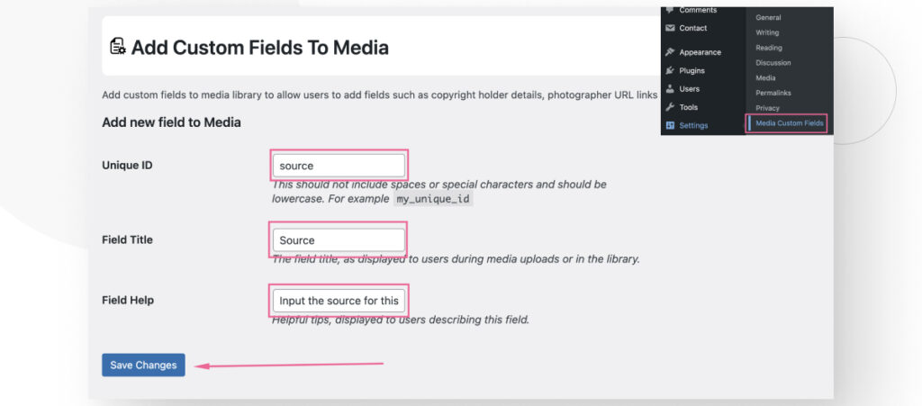 The interface for the WordPress plugin Add Custom Fields to Media. Various squares highlight the text boxes you need to fill when creating custom fields.