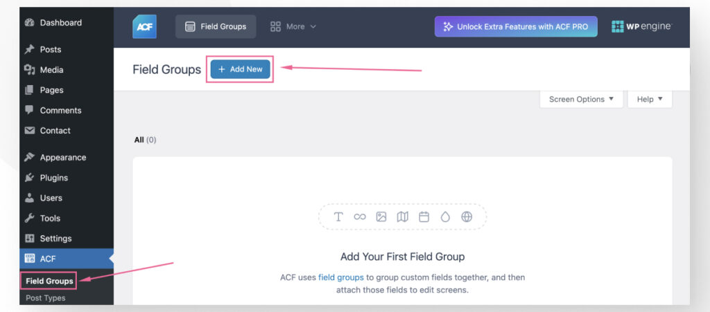 The Advanced Custom Fields interface in the WordPress admin dashboard. An arrow points to the "Add New" button to create a new Custom Field Group