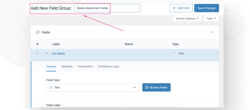 The Advanced Custom Fields interface in the WordPress admin dashboard. An arrow points to the text box where you enter the name of your Field Group