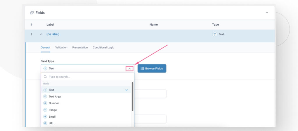 The Advanced Custom Fields interface in the WordPress admin dashboard. An arrow points to a dropdown menu for selecting the type of field you want to add.