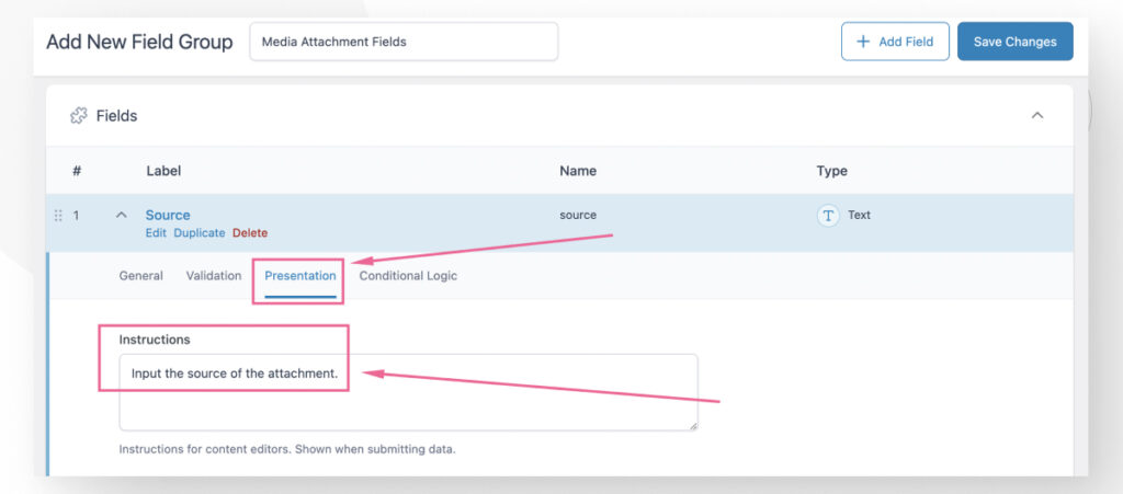 The Advanced Custom Fields interface in the WordPress admin dashboard. An arrow points to the Instruction text in the Presentation tab.