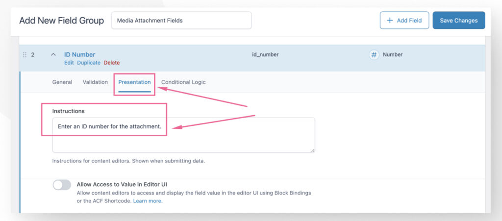 The Advanced Custom Fields interface in the WordPress admin dashboard. An arrow points to the Instruction text in the Presentation tab.