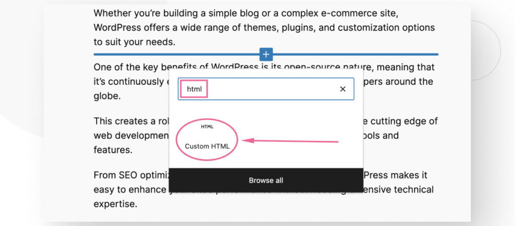 A WordPress post being edited in the Gutenberg editor interface. The user is searching for the "Custom HTML" block in the block searcher feature.