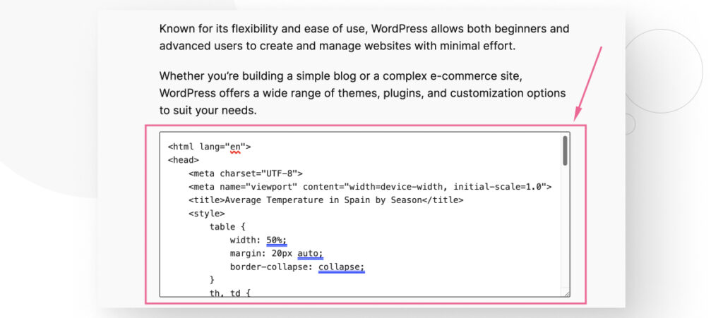 A WordPress post being edited in the Gutenberg editor interface. The user is inputting HTML code into the "Custom HTML" block