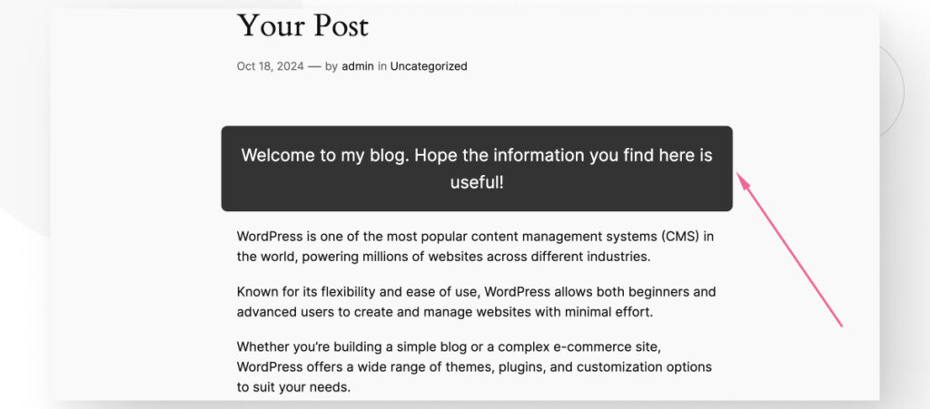 Una publicación de WordPress. Al comienzo de la publicación, hay un cuadro de texto negro que da la bienvenida a los visitantes al blog