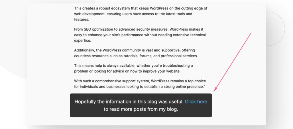 A WordPress post. At the bottom of the post, there is a black text box that invites readers to read more blog posts.