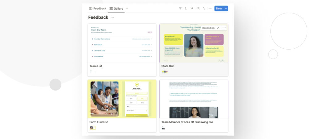 A client dashboard in the project management software Notion. It contains a visualization of various custom WordPress blocks, to allow clients who don't know the name of the block to provide feedback about by recognizing its appearance