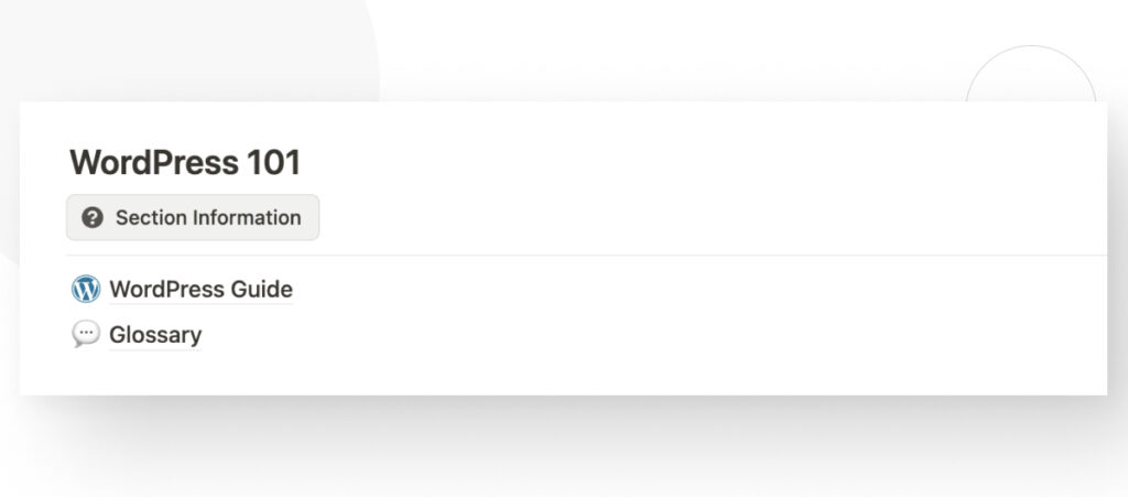 A client dashboard in the project management software Notion. It is titled "WordPress 101" and contains important information about how WordPress works and how to use it, so clients can refer to it as needed