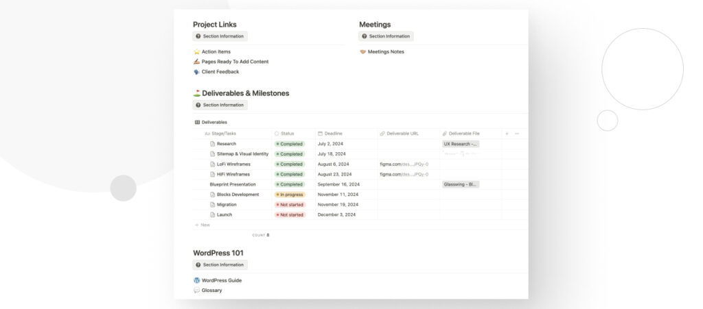 Un panel de control de cliente en el software de gestión de proyectos Notion. Contiene varias tablas y listas con tareas y cronogramas del proyecto.